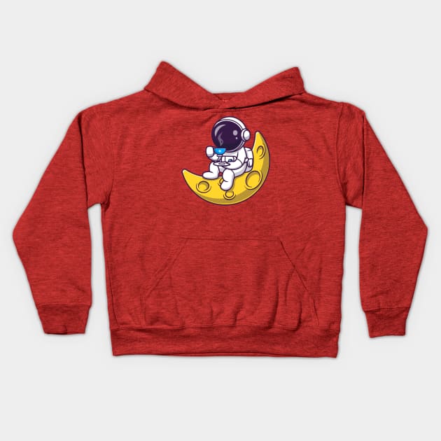 Cute Astronaut Drinking Coffee On The Moon Cartoon Kids Hoodie by Catalyst Labs